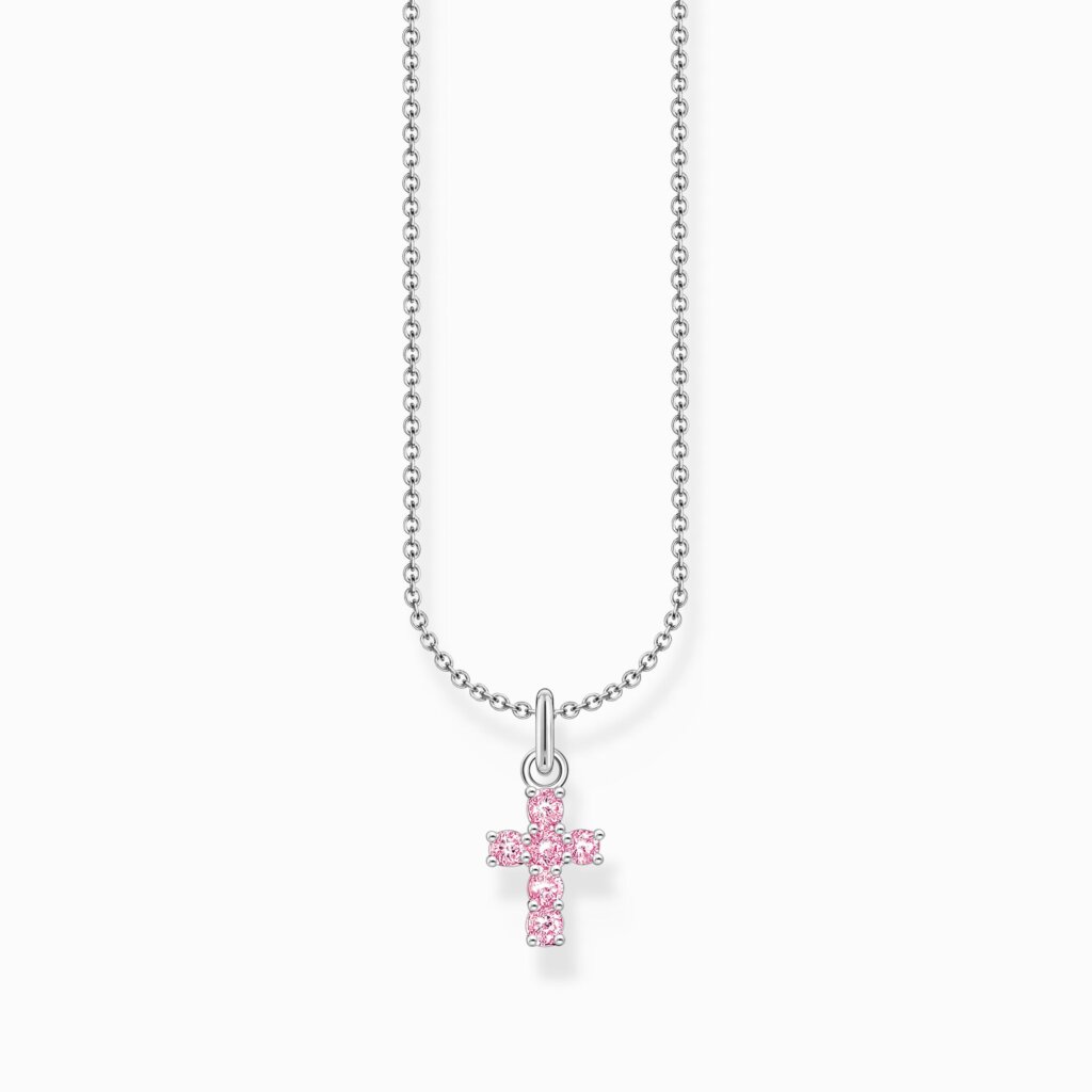 Halsband med rosa kors-hänge, silver