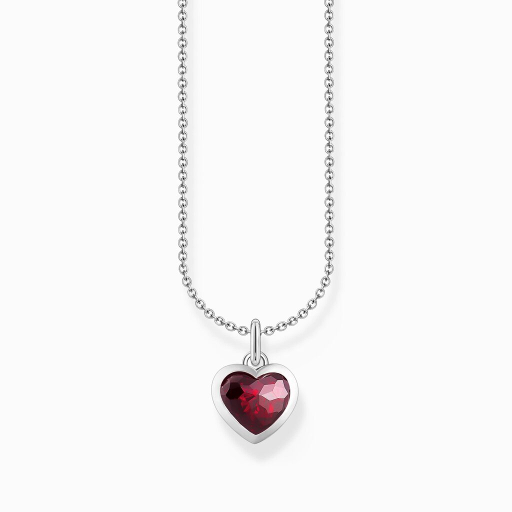Halsband med mörkrött hjärtformat hänge, silver