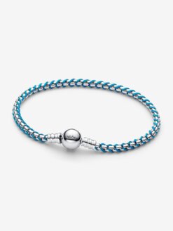 Flätat Pandora-armband i sterlingsilver med turkos tygdetalj