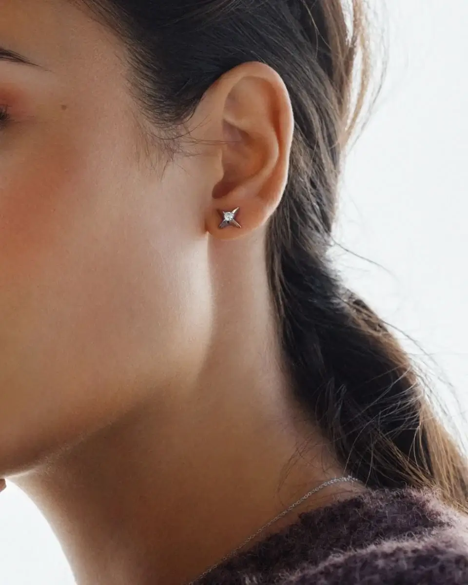 Närbild på Stellar Studs Steel studs med stjärna och glittrande sten