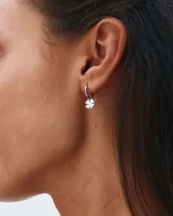 Detaljbild av rostfria små hoopsörhängen med klöverdetalj