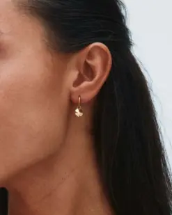 Detaljbild av guldpläterade mini hoopsörhängen med klövermotiv