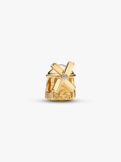 Väderkvarn berlock Pandora 14k guld med roterande steninfattade segel och präglad dörr – 764631C01