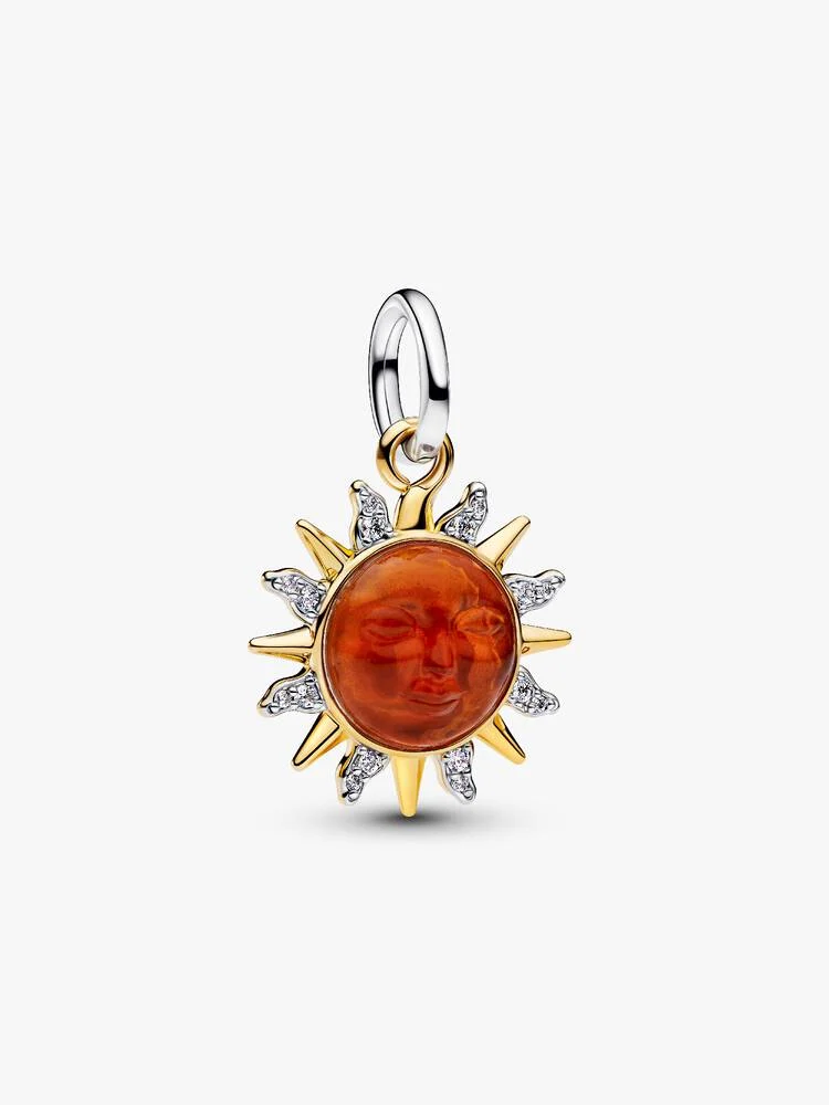 Snurrande sol tvåfärgad hängberlock Pandora sterlingsilver 14k guld bränt orange Muranoglas 764703C01