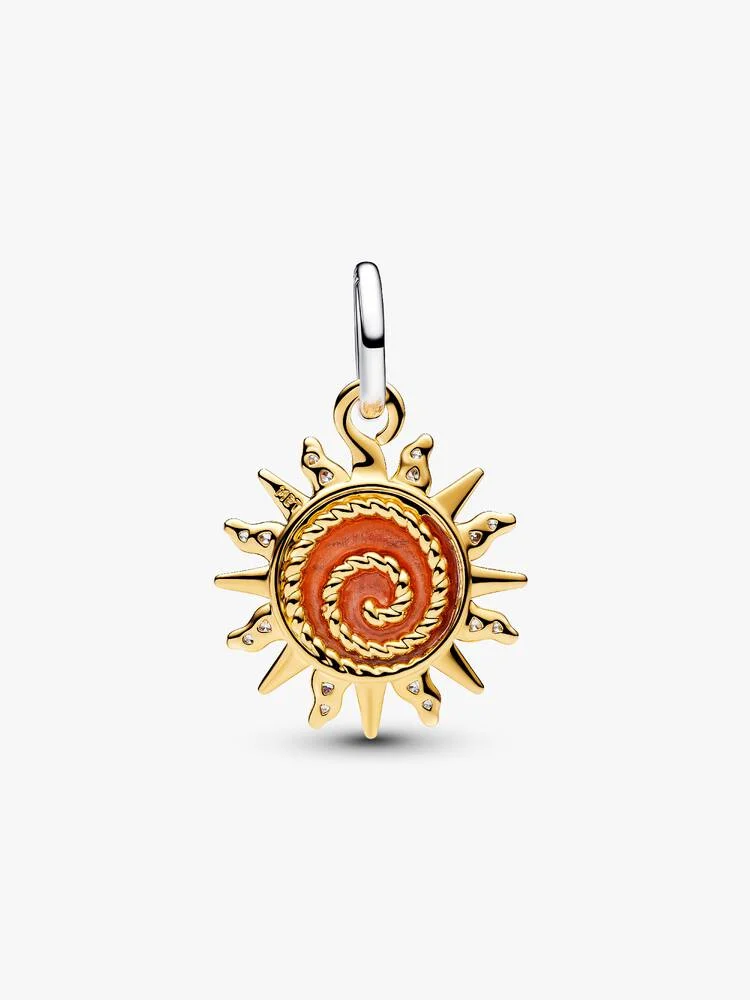 Närbild Pandora snurrande sol hängberlock – bränt orange Muranoglas virvlande glas guld silver detalj