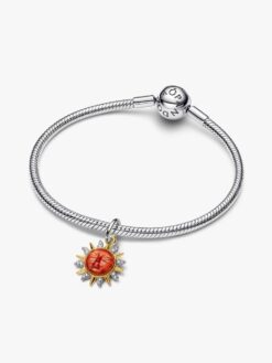 Pandora snurrande sol hängberlock sidovy – tvåfärgad guld silver Muranoglas orange solansikten Moments