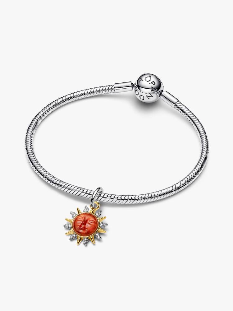 Pandora snurrande sol hängberlock sidovy – tvåfärgad guld silver Muranoglas orange solansikten Moments