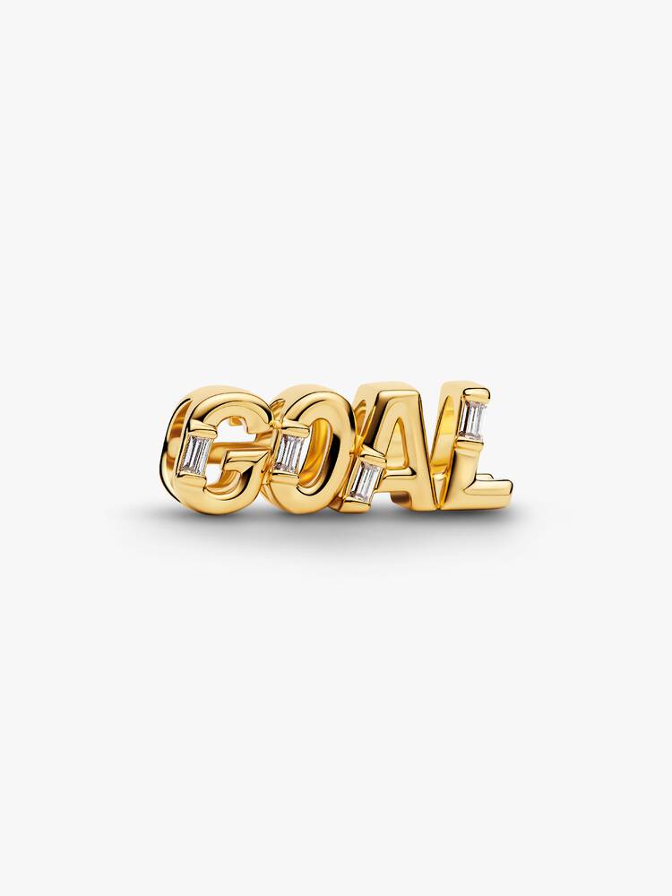 Mål berlock Pandora i 14k guldplätering med GOAL i scriptskrift och infattade stenar – 764709C01