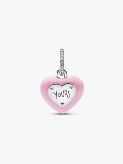 Pandora hänglåsberlock disc med gravyr YOURS – rosa keramik hjärta sterling silver kärlekssymbol