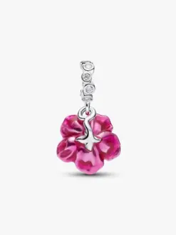 Pandora hibiscus hängberlock sidovy – sterlingsilver rosa emalj kronblad sommarblomma Moments 2026