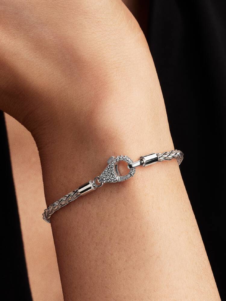Pandora 594462C01 närbild – pavé-lås kubisk zirkonia och dubbel foxtail-kedja sterlingsilver