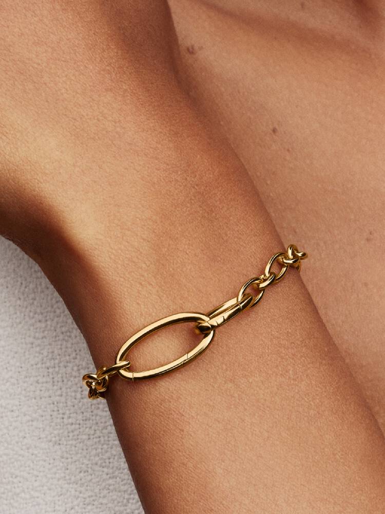 Närbild Pandora ovalt länkkedjearmband – öppningsbar länk 14k guld ME fäste detalj kedjearmband 2026