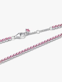 Pandora rosa tennisarmband 593927C02 – detalj hängsten hummerlås sterlingsilver orkidrosa